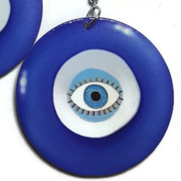 Evil Eye Blue Small Statement Dangle Wood Earrings - Picture 4 of 5